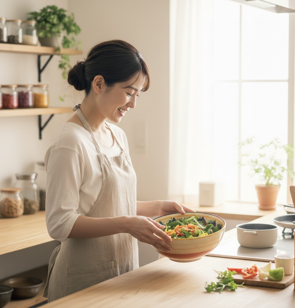 料理をする幸せそうな女性